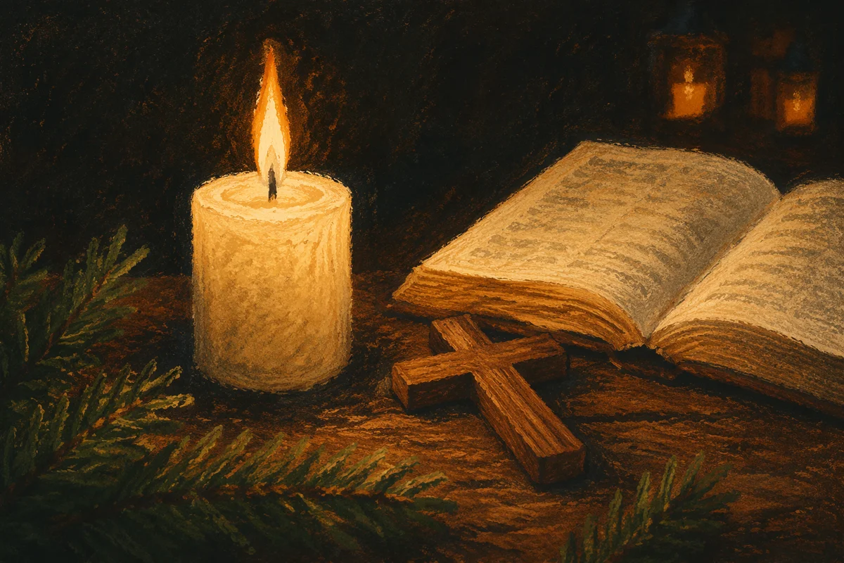 Burning Candle Beside Cross in Quiet Prayer