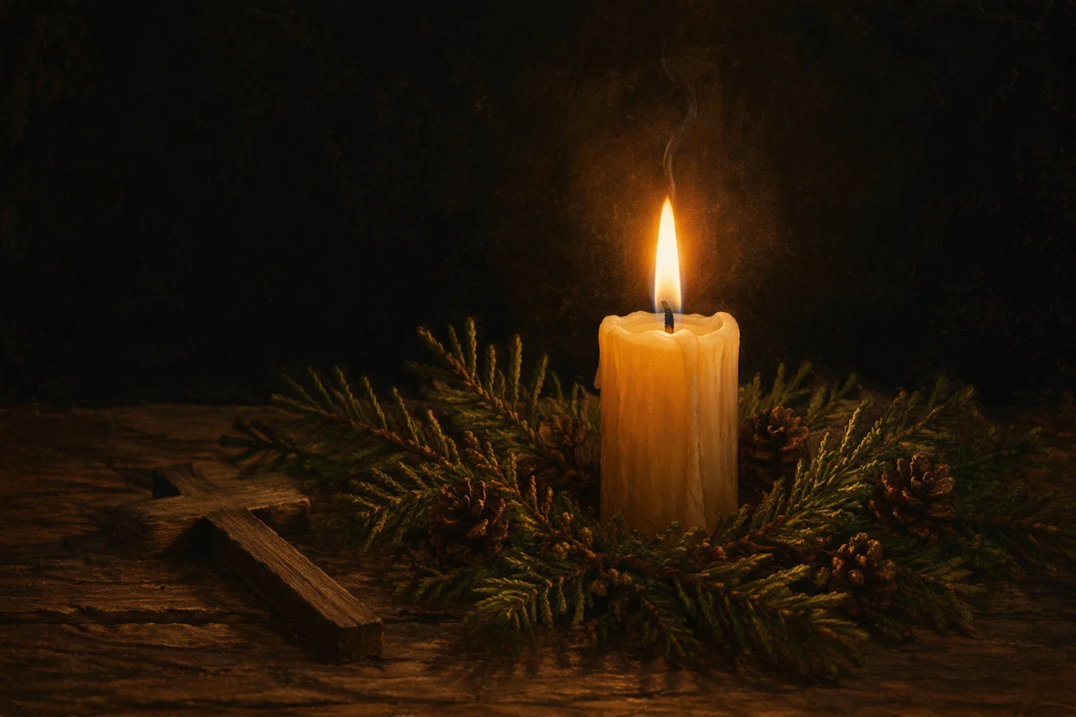 Burning Beeswax Candle with Evergreen Faith