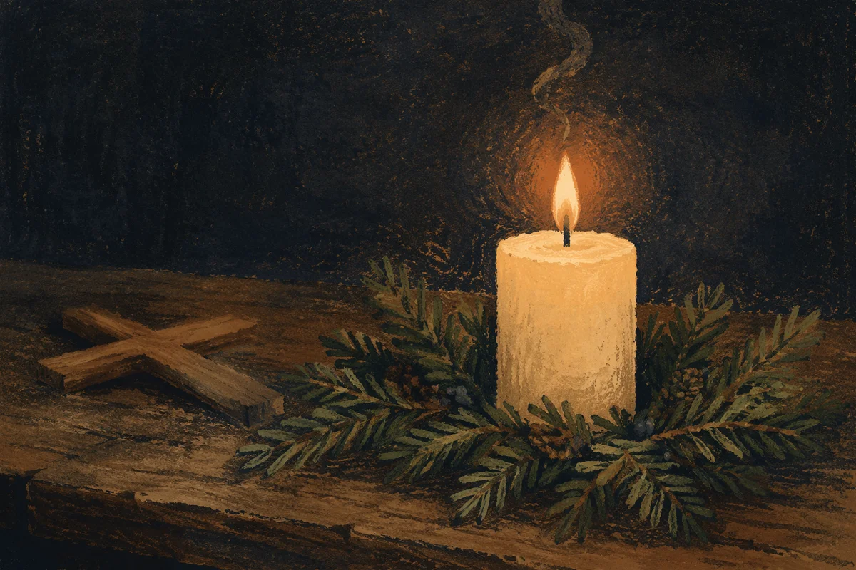 Burning Candle with Evergreen and Cross