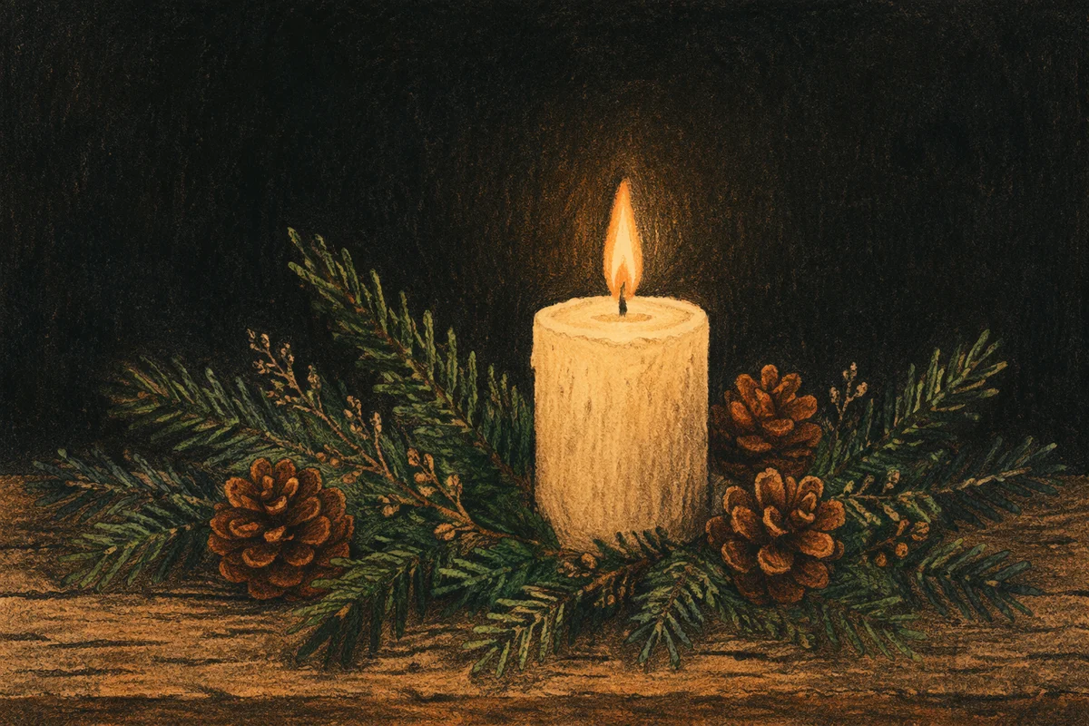 Burning Candle with Evergreen in Darkness