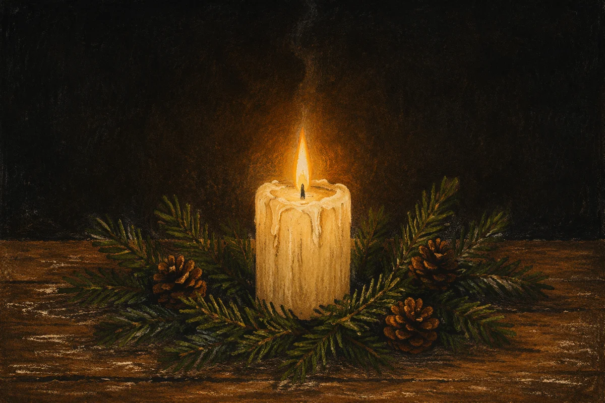 Burning Candle with Evergreen in Darkness