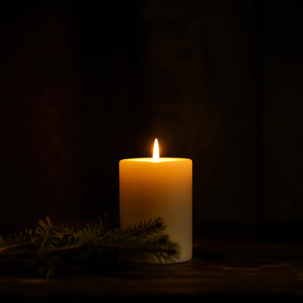 Burning Candle on Dark Evergreen Background