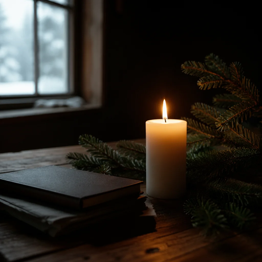 Candlelit Evergreen Prayer Corner in Winter