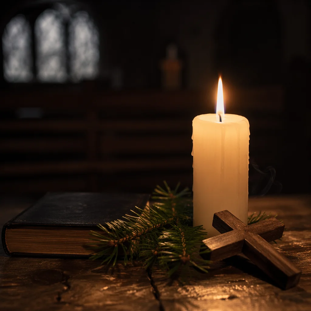 Burning Candle and Cross in Quiet Chapel