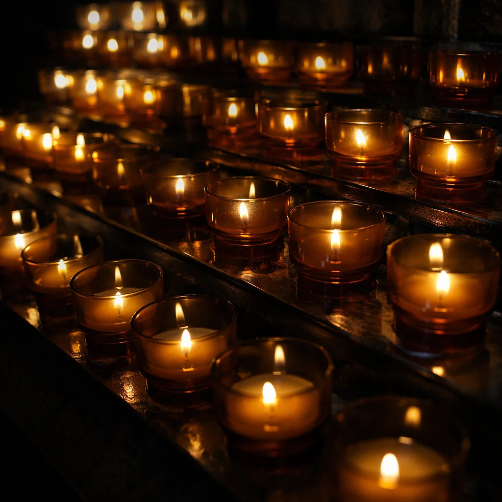 Burning Votive Candles in Quiet Darkness