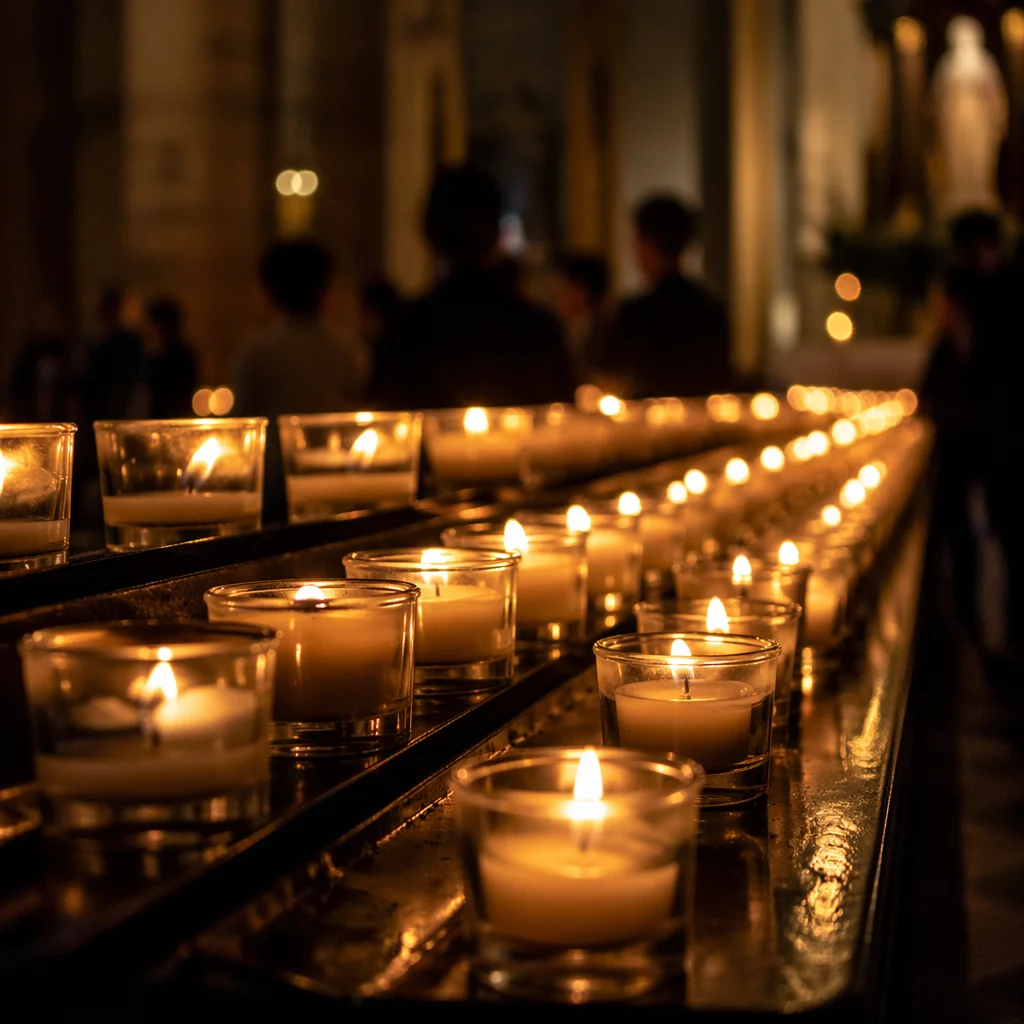 Glowing Votive Candles in Quiet Sanctuary