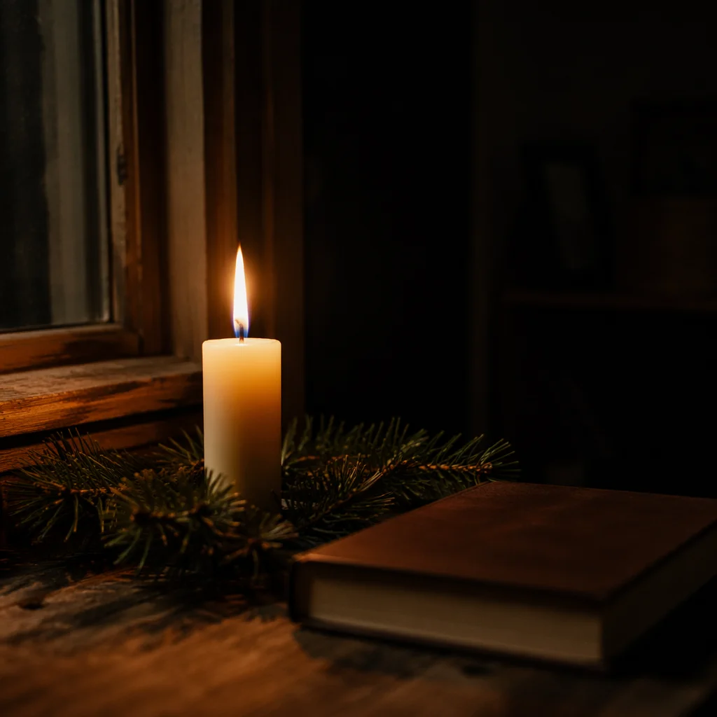 Burning Candle with Evergreen Faith Still Life
