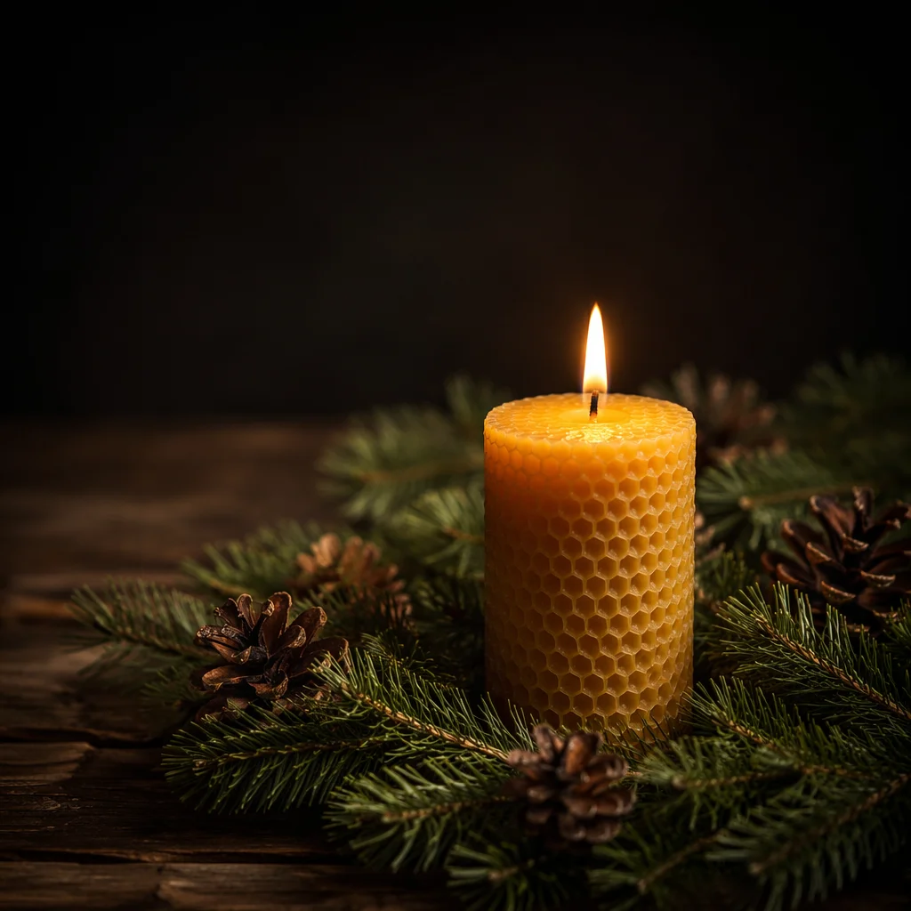 Burning Beeswax Candle with Evergreen Reflection