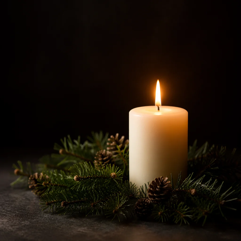 Burning Candle with Evergreen in Darkness