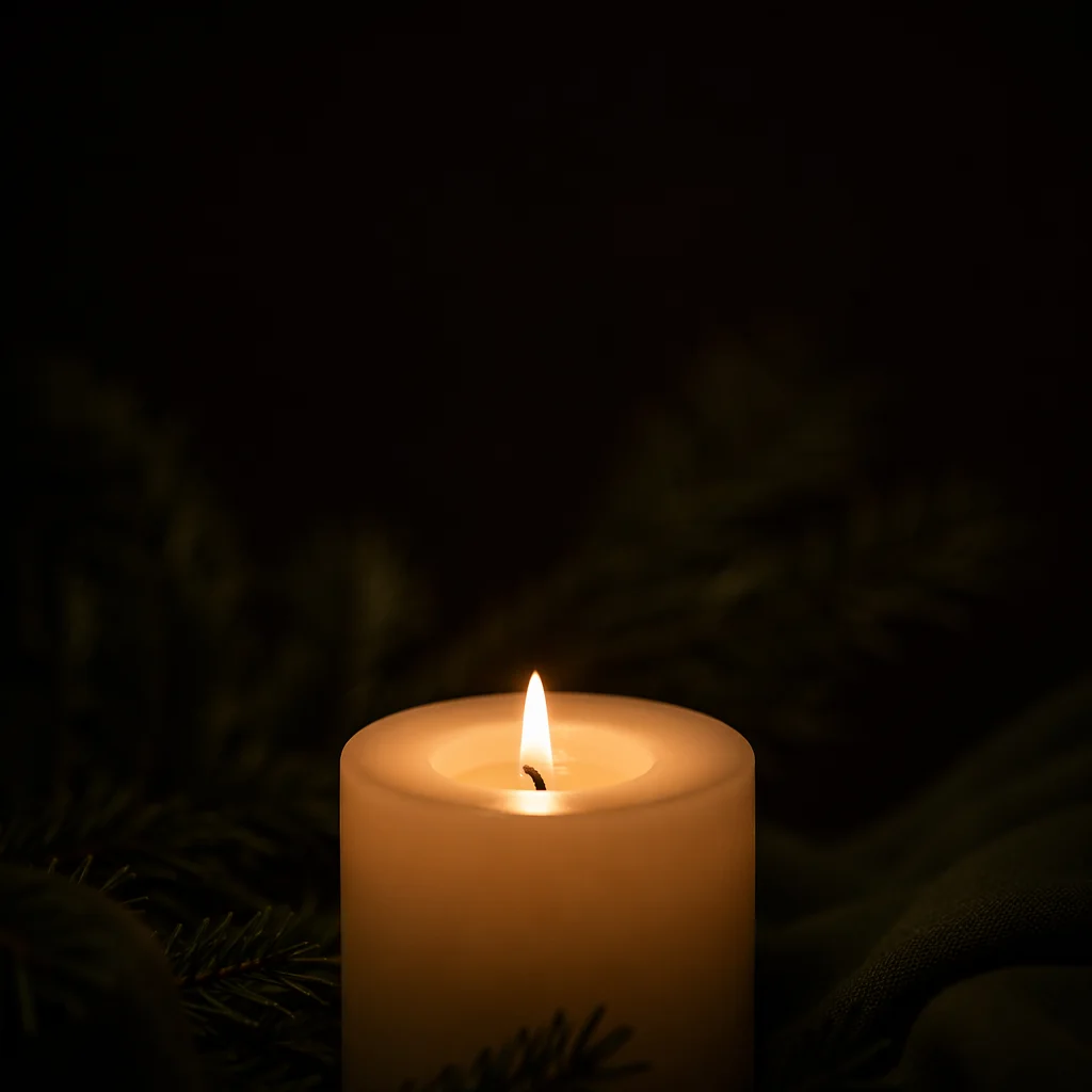 Burning Ivory Candle in Quiet Darkness