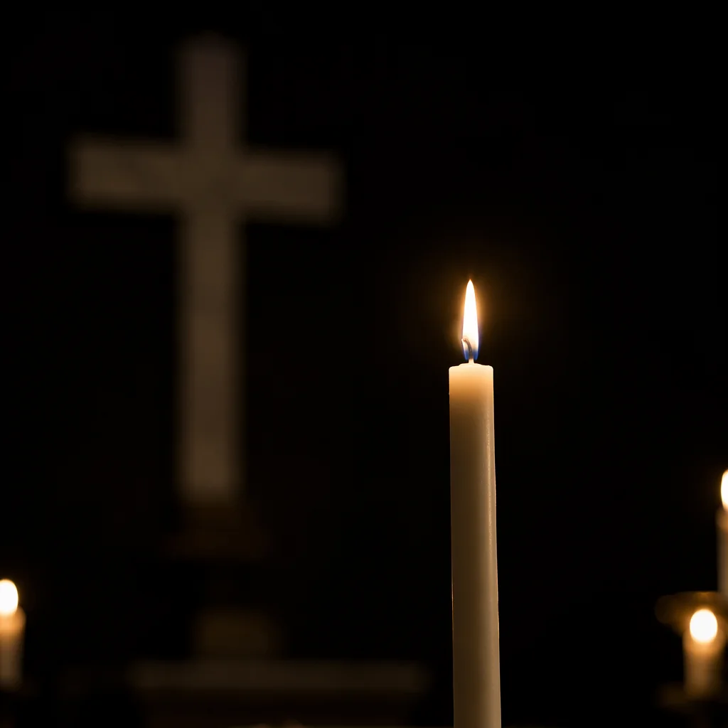 Burning Candle with Cross in Darkness