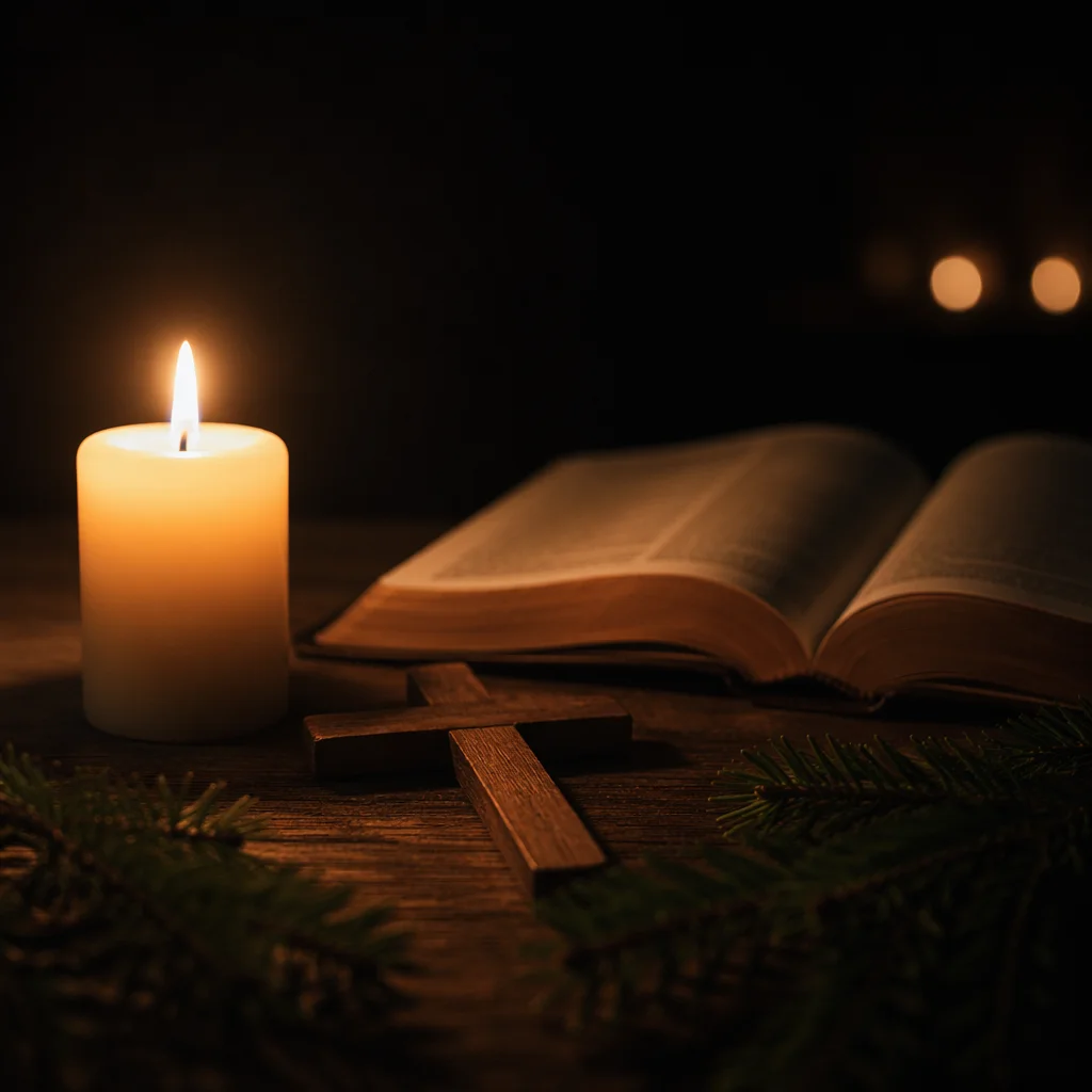 Candlelit Prayer with Cross and Evergreen