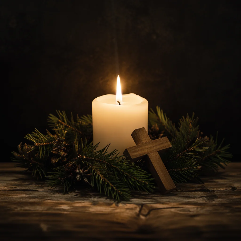 Burning Candle with Evergreen Wreath and Cross