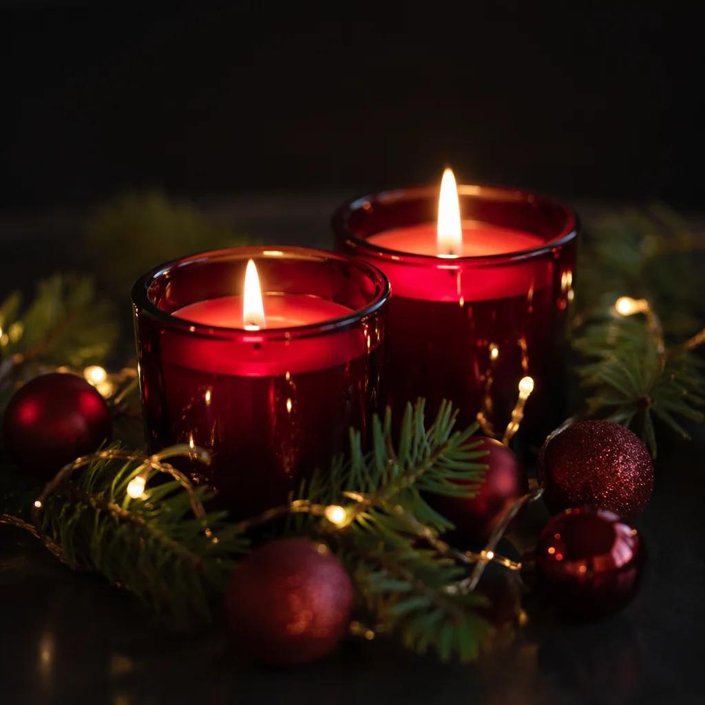 Burning Red Votive Candles with Evergreen Hope