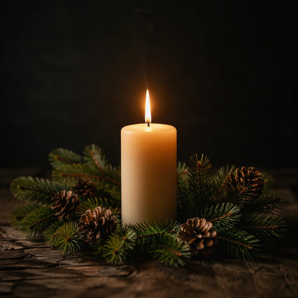 Burning Candle with Evergreen in Darkness