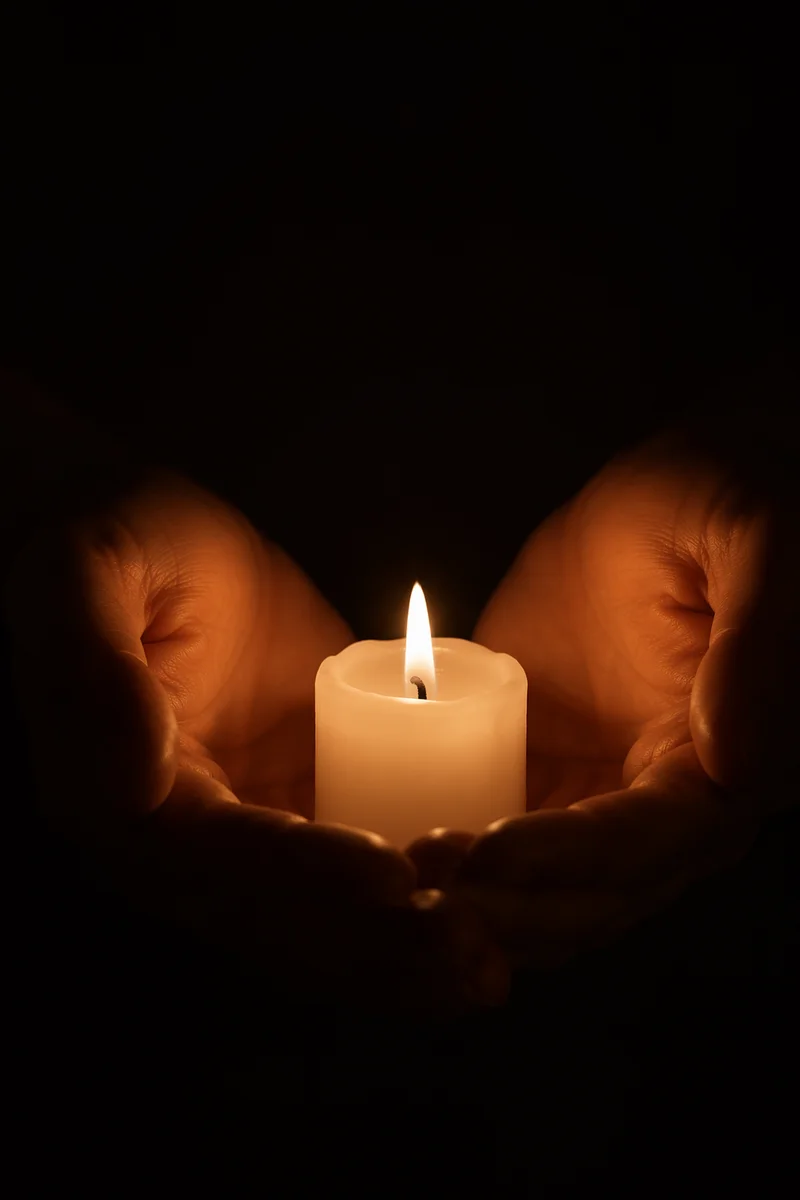 Hands Holding Candle Flame in Darkness