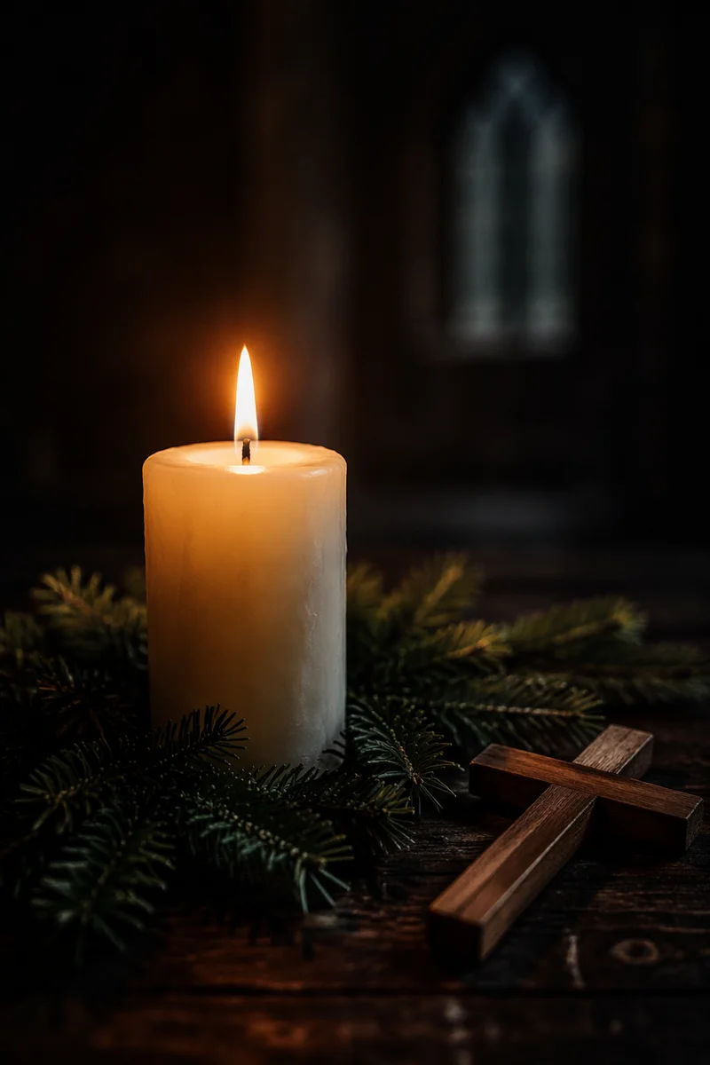 Burning Candle with Evergreen and Wooden Cross