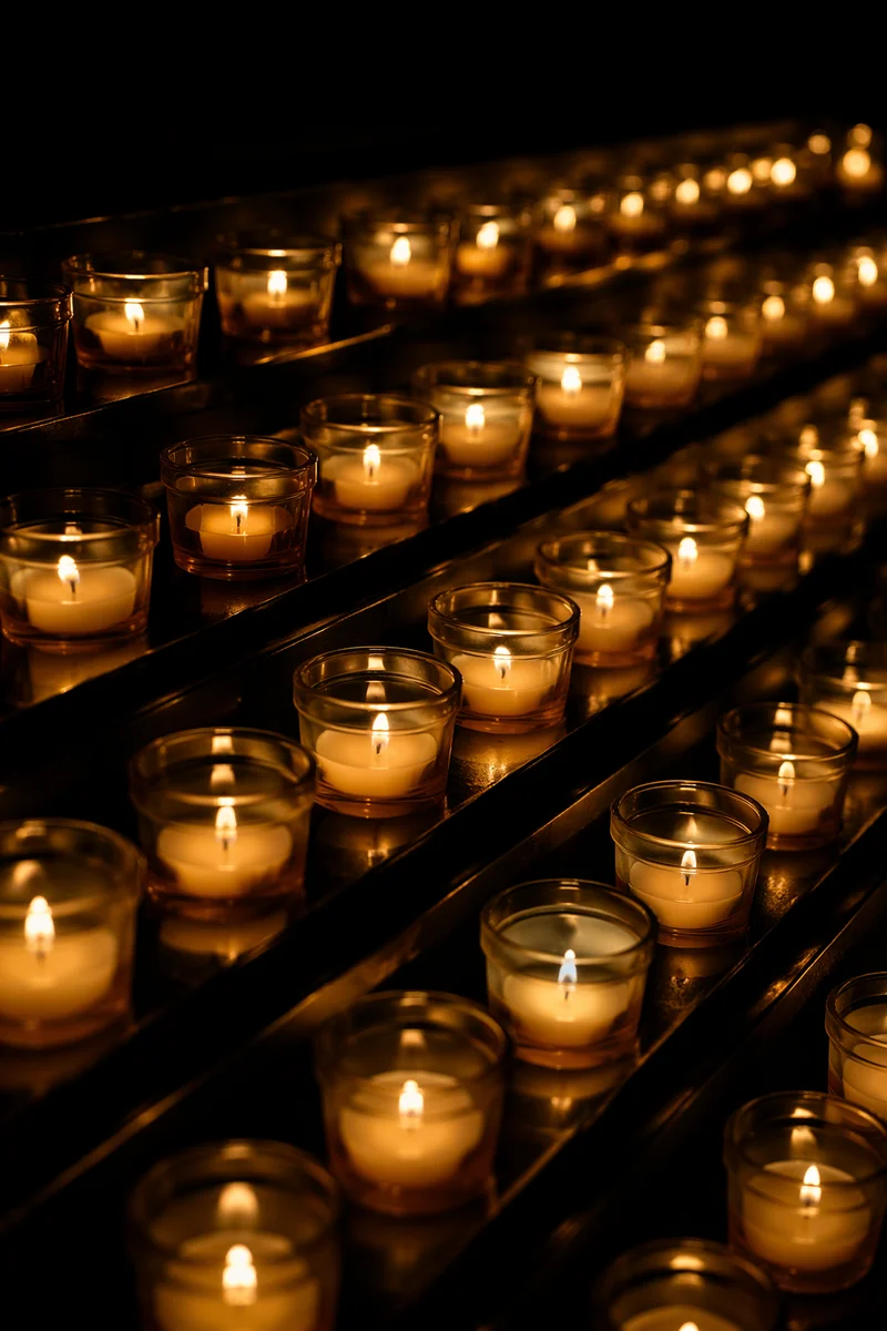 Votive Candles Glowing in Quiet Darkness