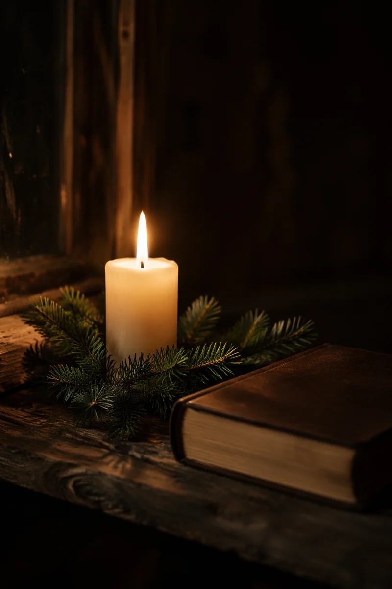 Burning Candle with Evergreen Faith Still Life