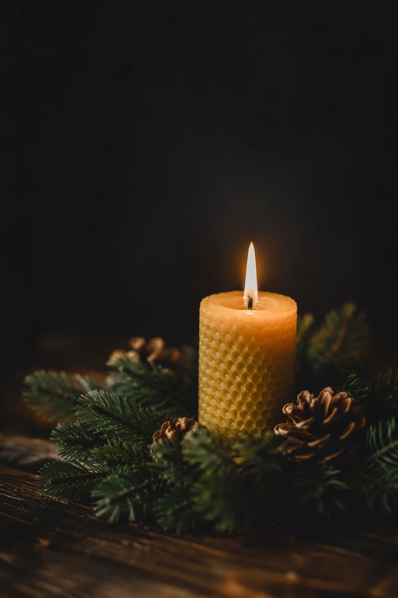 Burning Beeswax Candle with Evergreen Hope