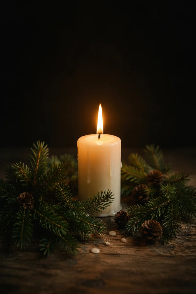 Burning Candle with Evergreen in Darkness