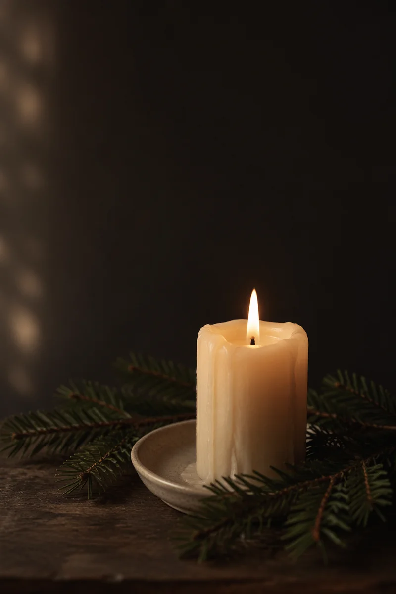 Burning Ivory Candle with Evergreen Sprigs