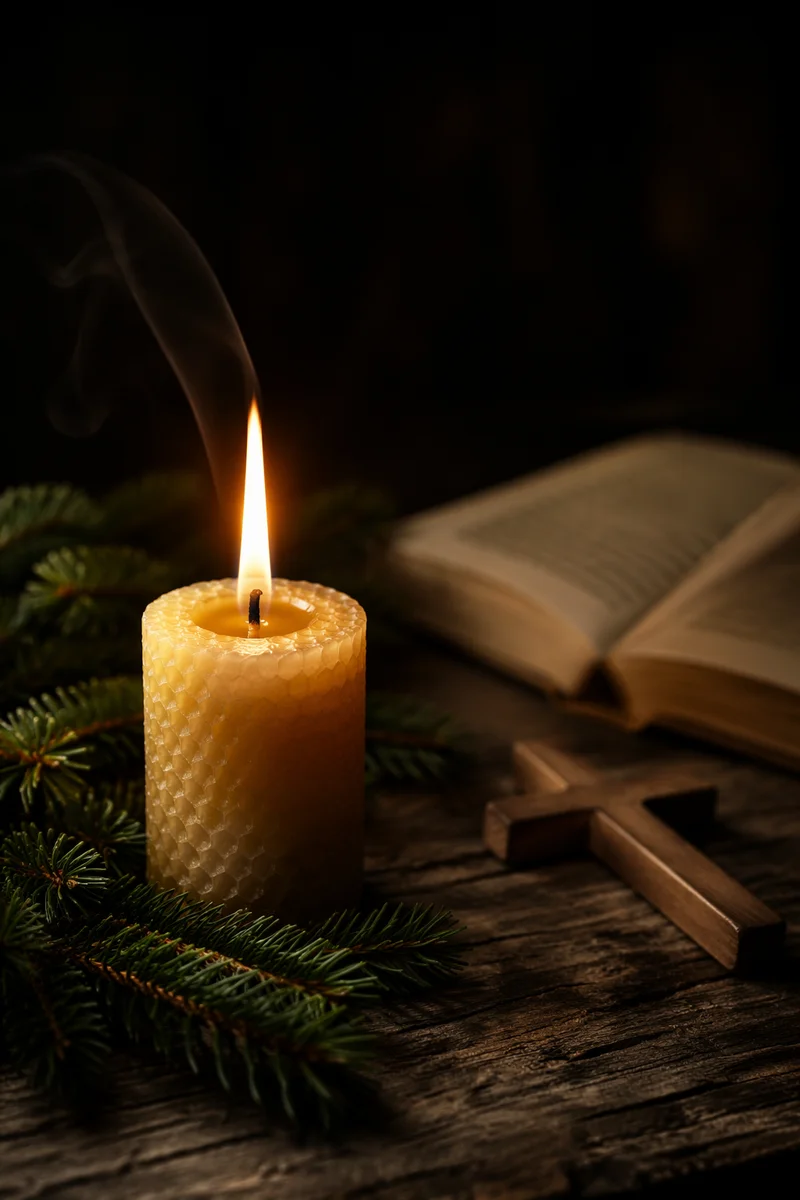Burning Candle with Evergreen Faith Cross