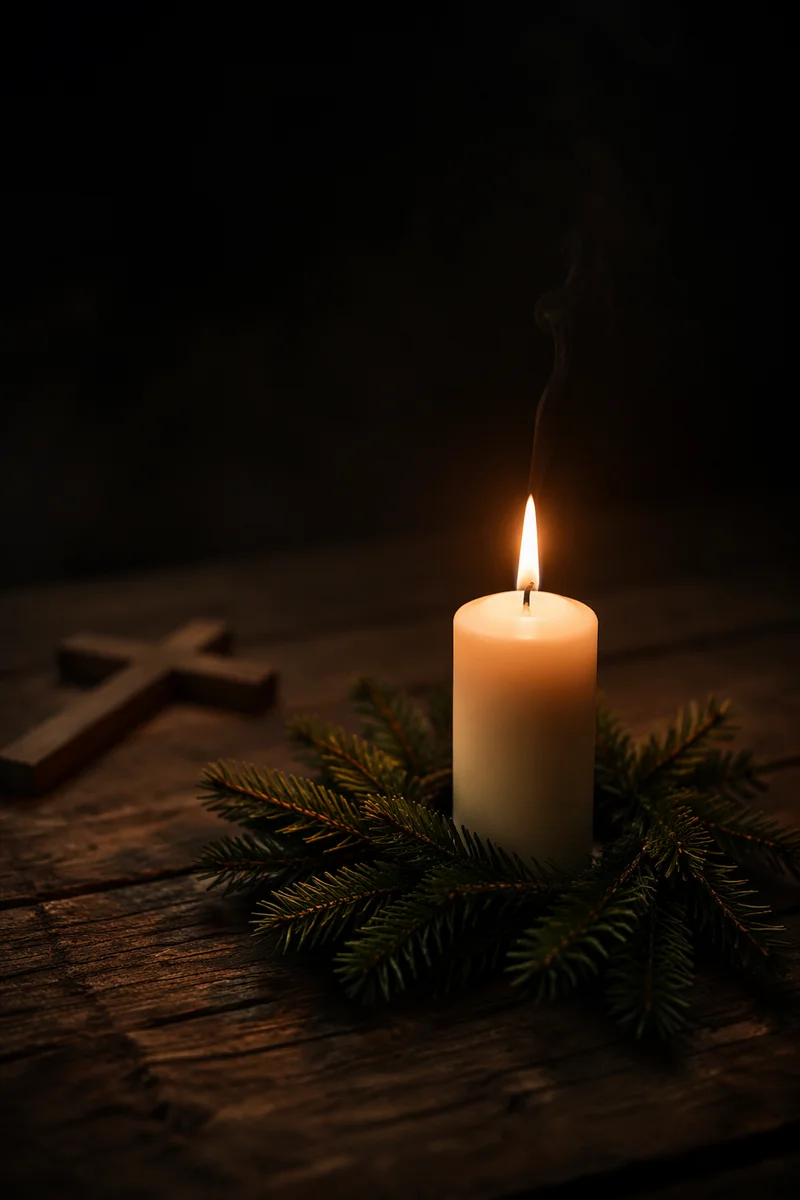Burning Candle with Evergreen and Cross