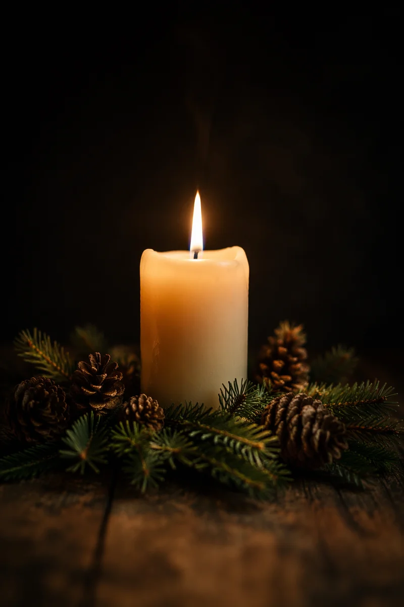 Ivory Candle Flame with Evergreen Wreath