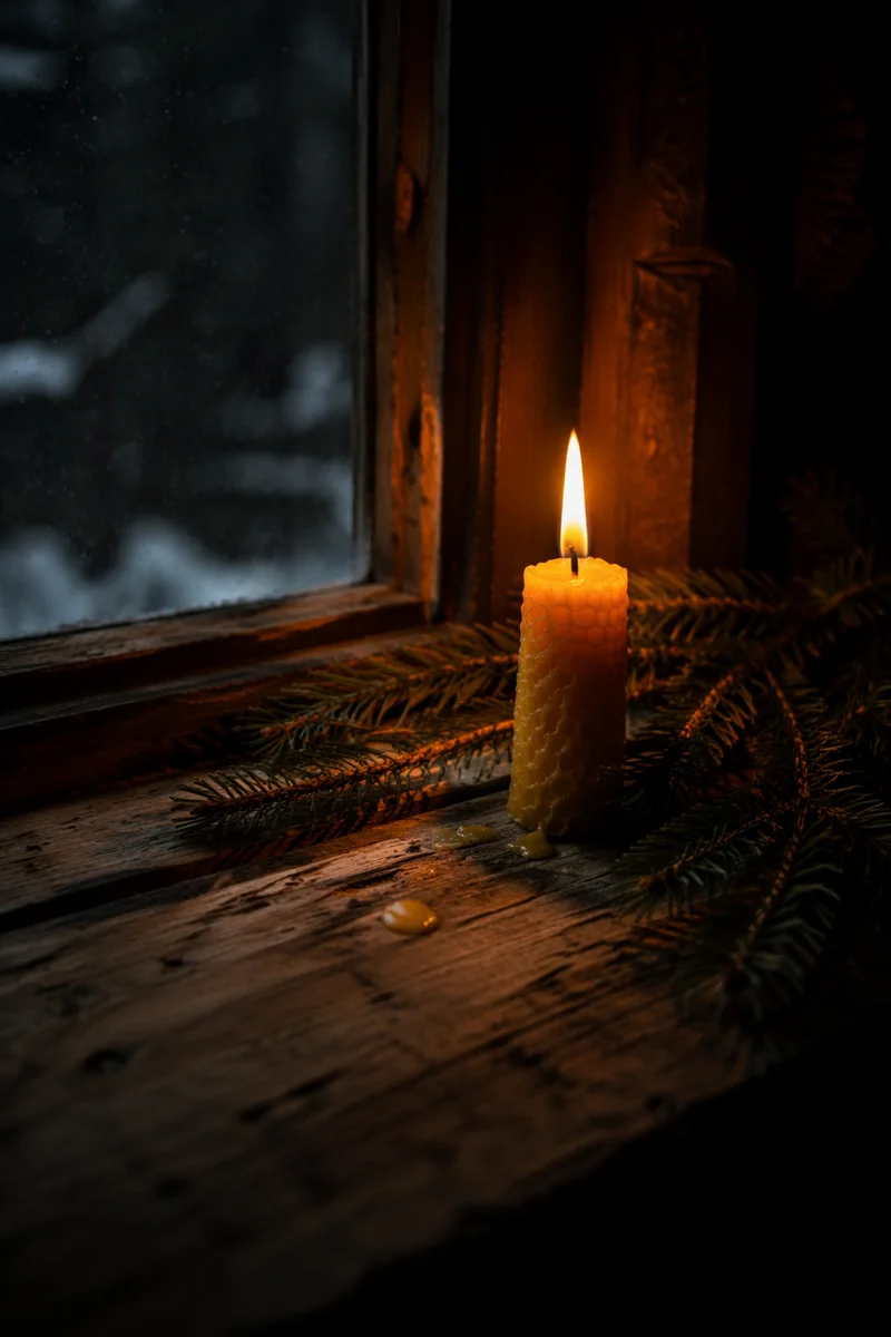 Burning Beeswax Candle with Evergreen Sprigs