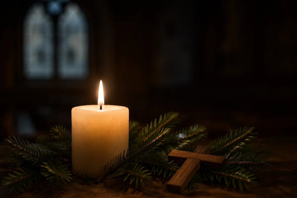 Burning Candle with Evergreen and Wooden Cross