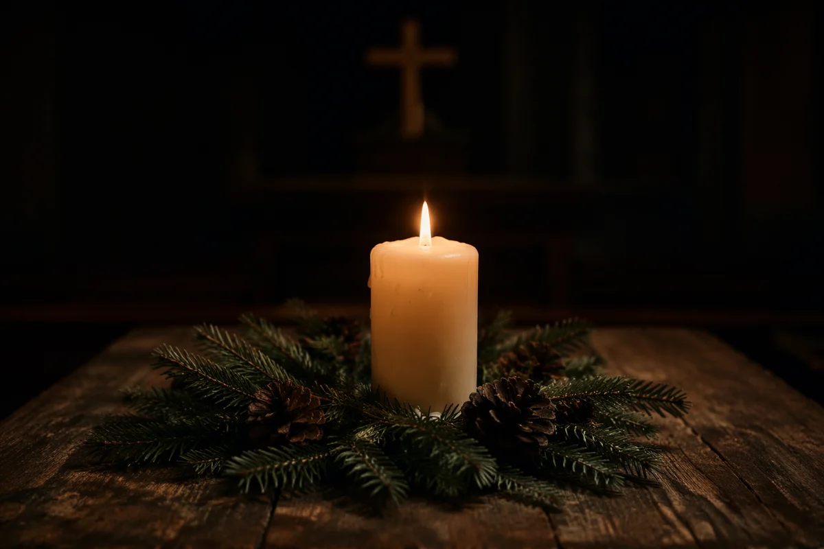 Burning Candle with Evergreen Prayer Wreath