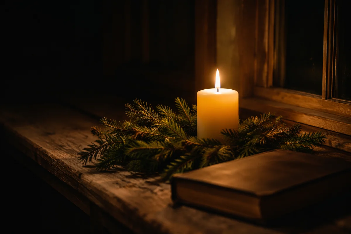 Burning Candle with Evergreen Faith Still Life