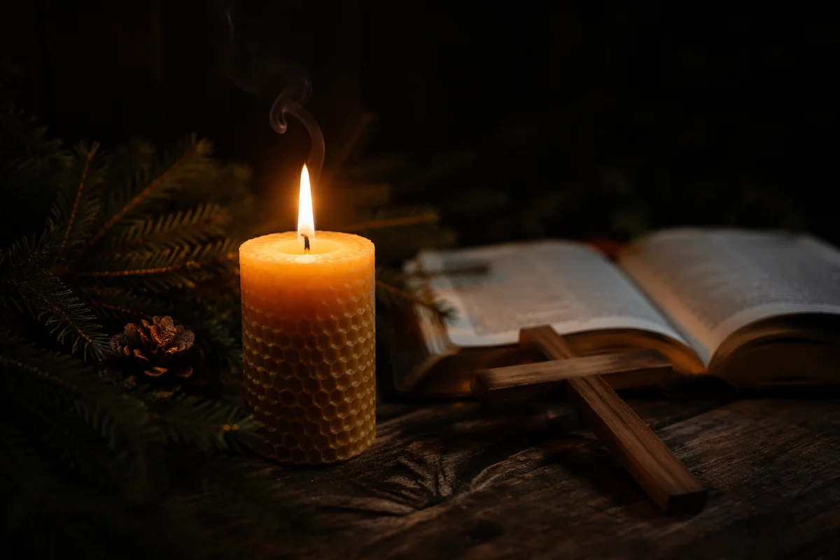 Burning Beeswax Candle with Evergreen Faith
