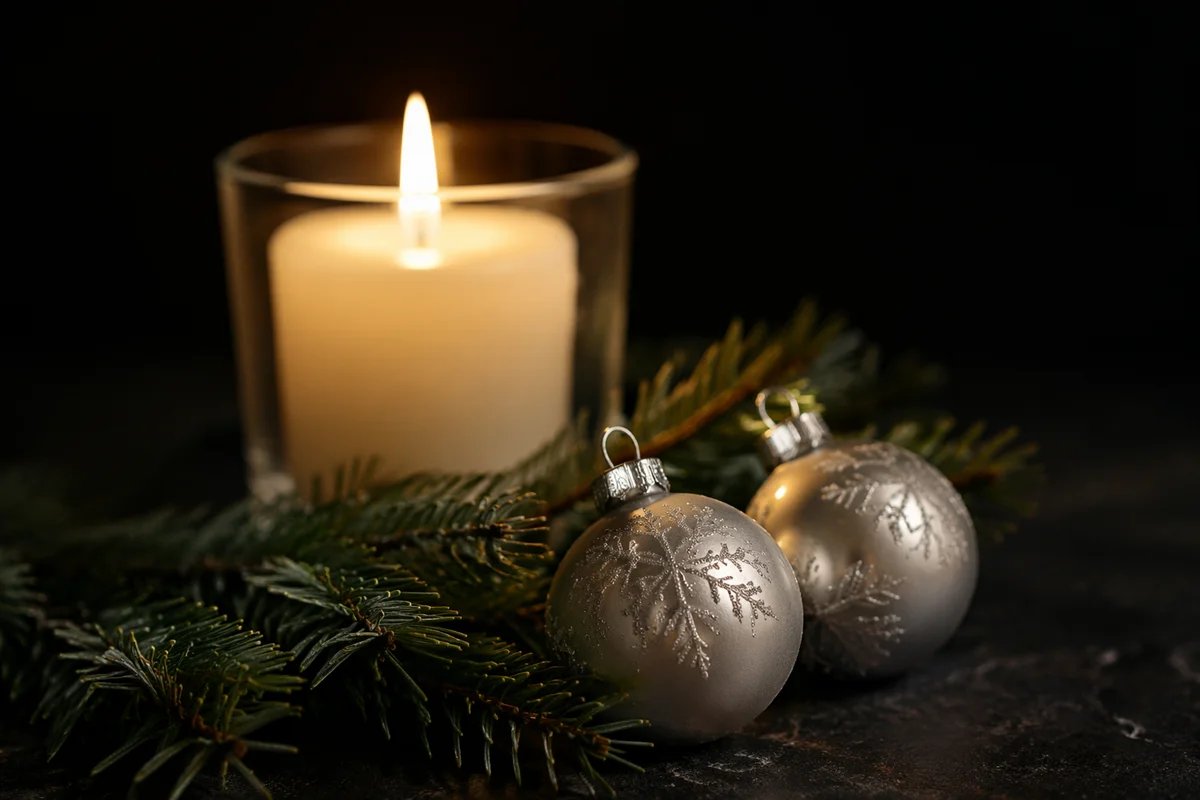 Burning Candle with Evergreen and Silver Ornaments