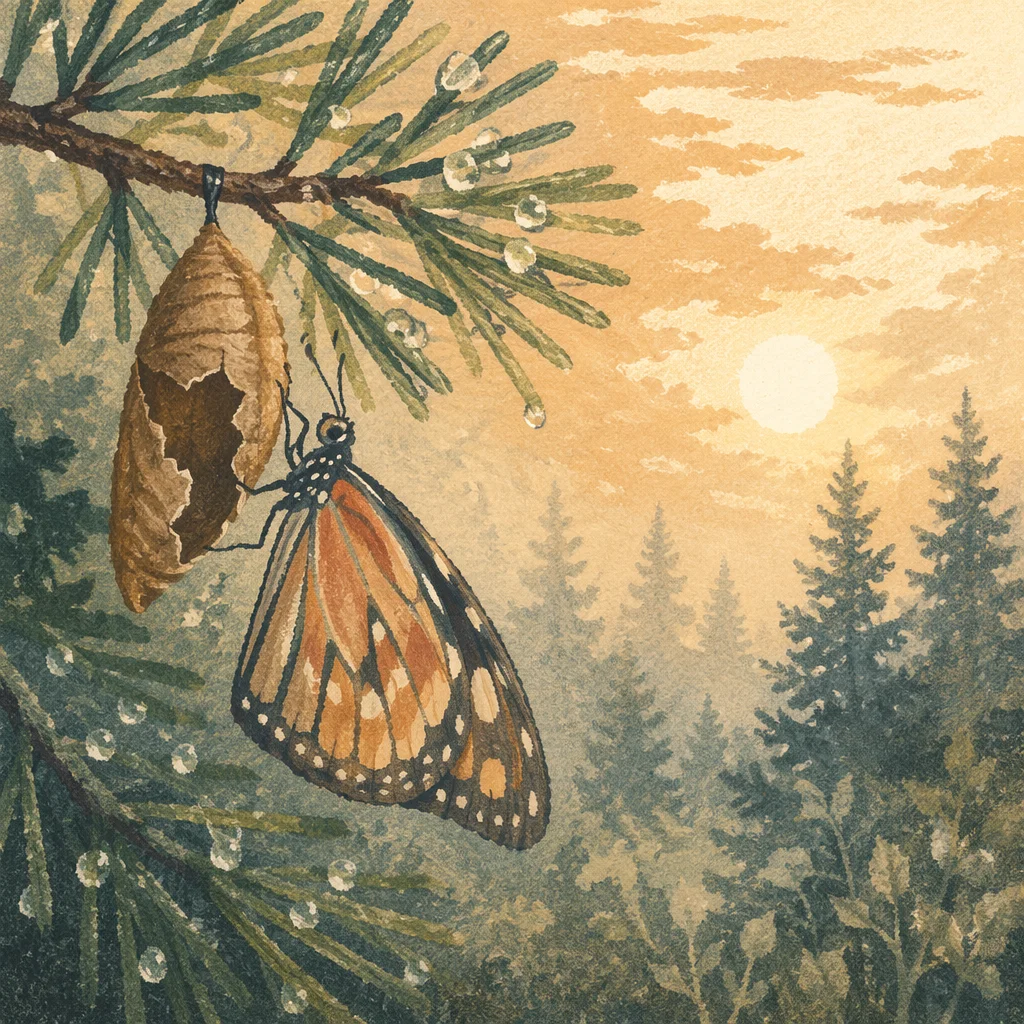 Butterfly Renewal on Dewy Evergreen Branch