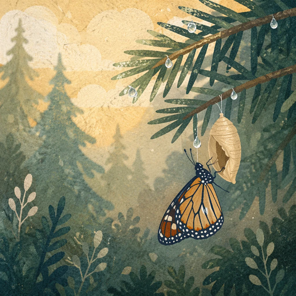 Butterfly Emerging Beside Evergreen Chrysalis at Dawn