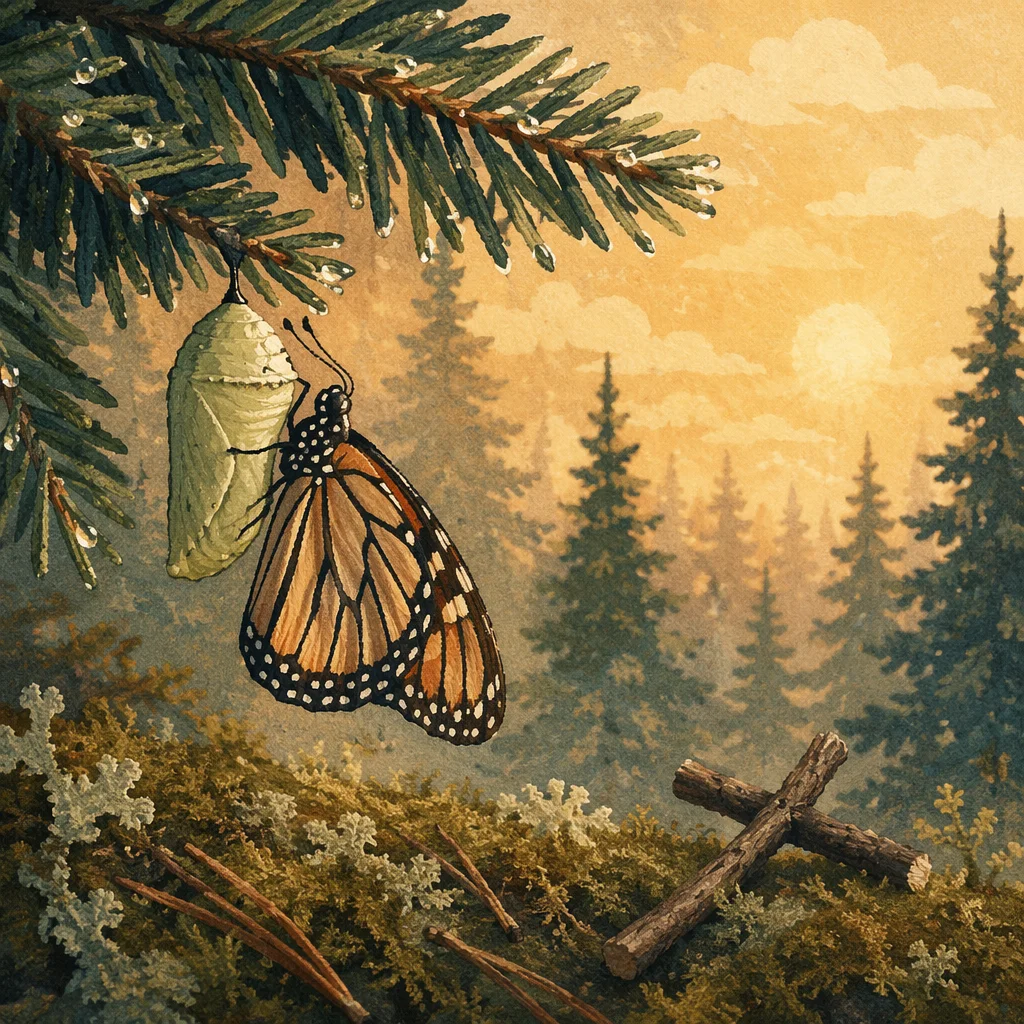 Butterfly Emerging Beneath Evergreen Dawn