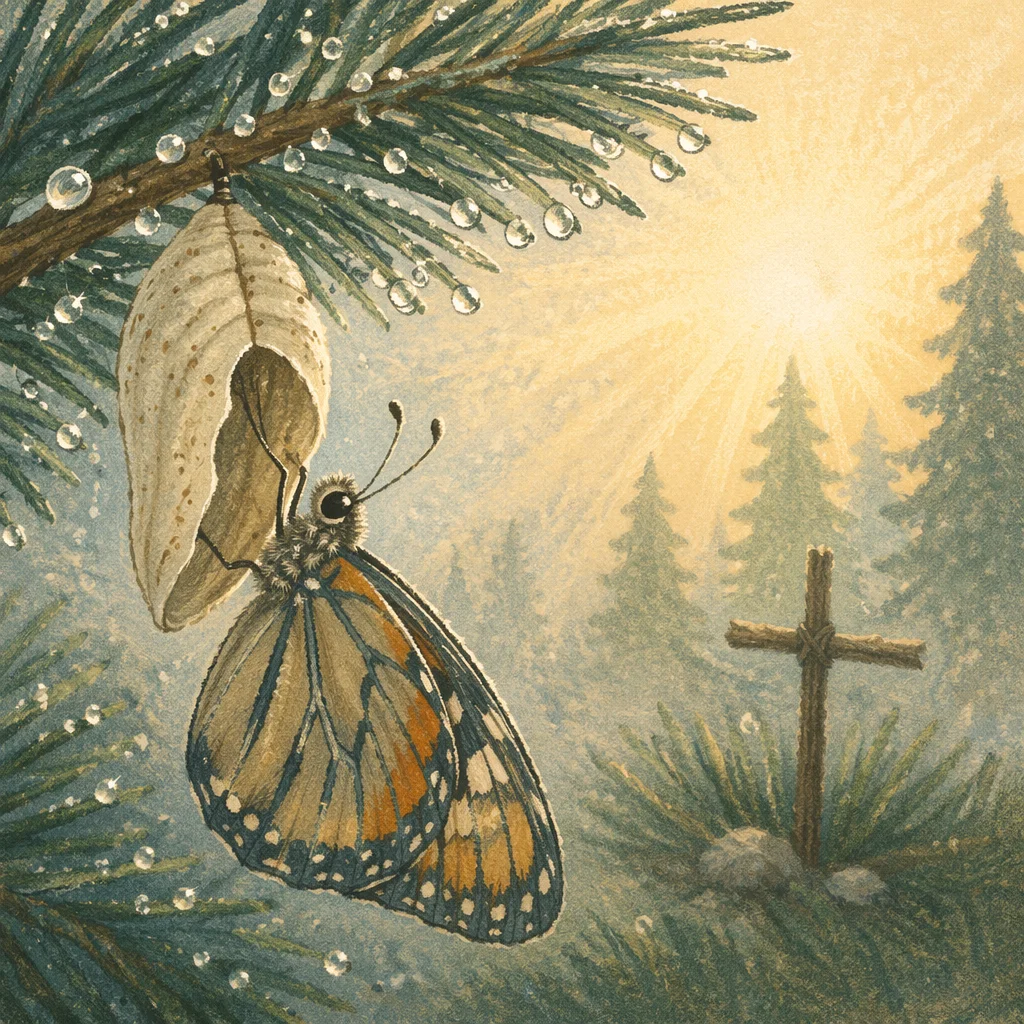 Butterfly Renewal on Evergreen Branch