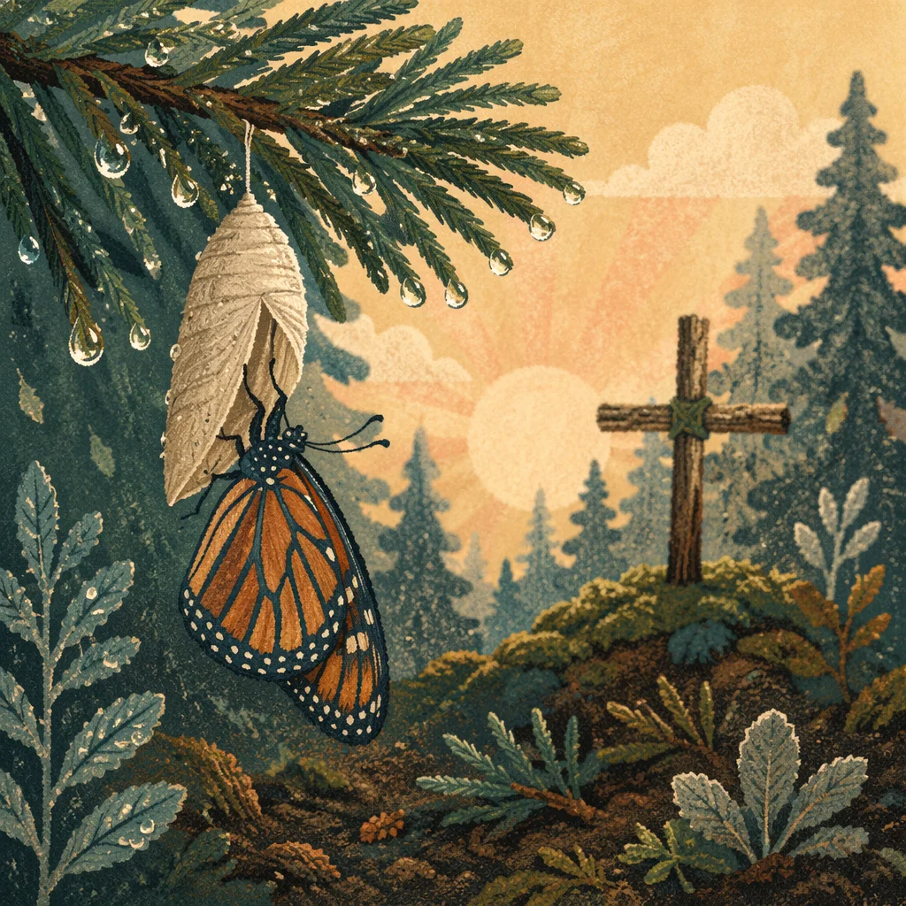 Butterfly Emerging Beneath Evergreen Dawn
