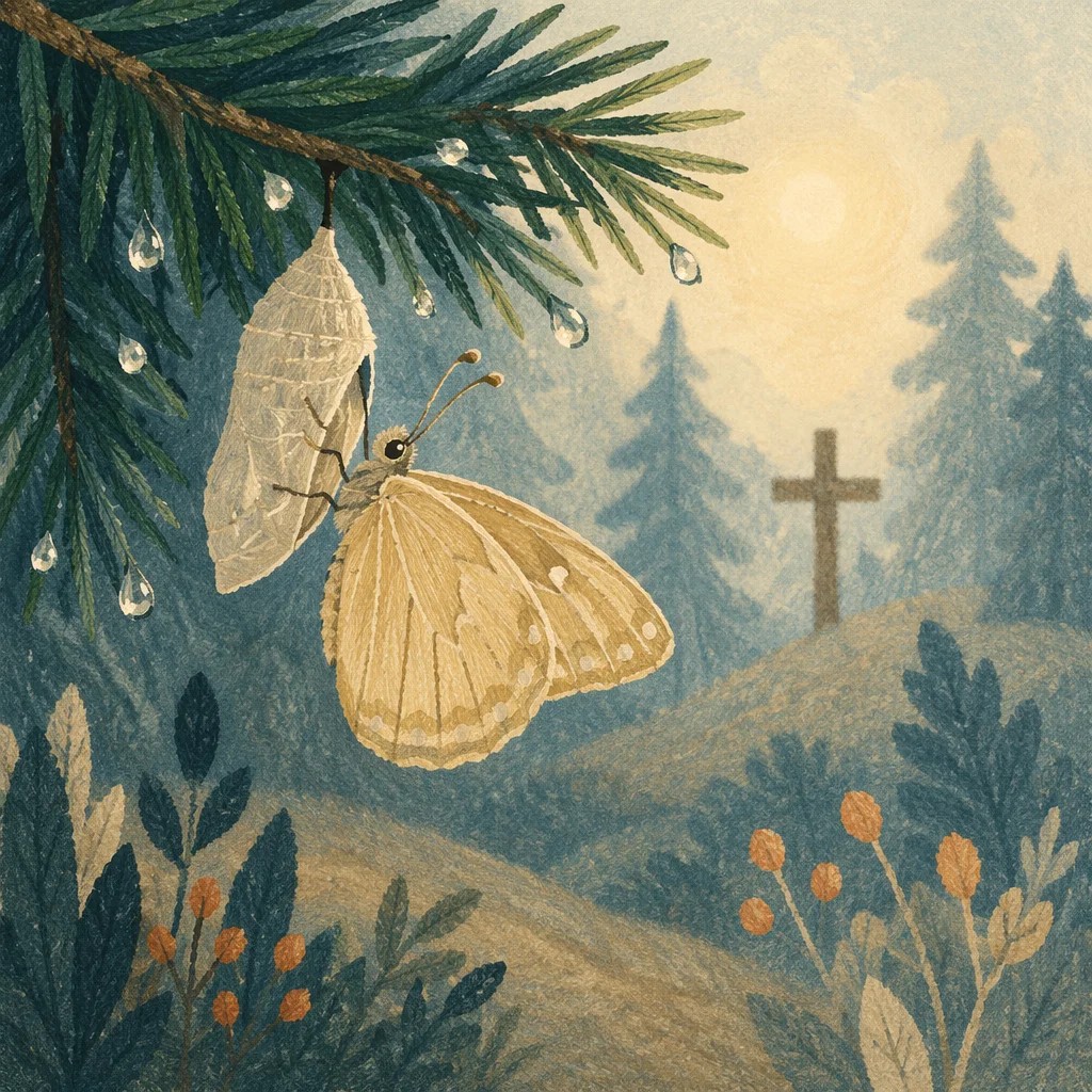 Golden Butterfly Emerging Beneath Evergreen Branch
