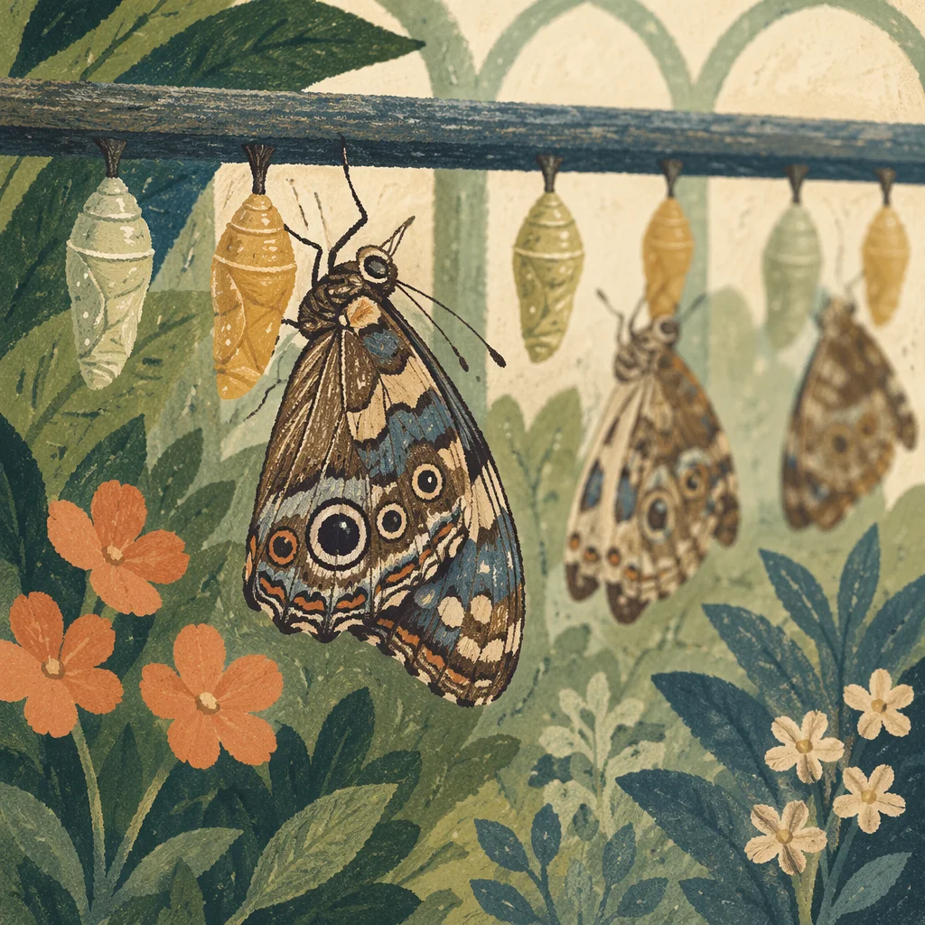 Butterflies Emerging Beneath Evergreen Garden Rail