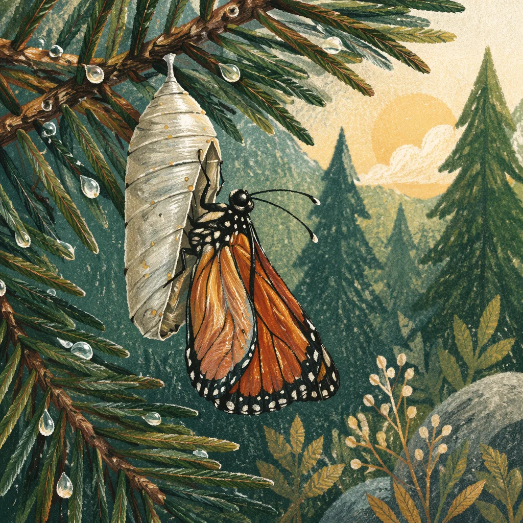Butterfly Emerging from Evergreen Cocoon