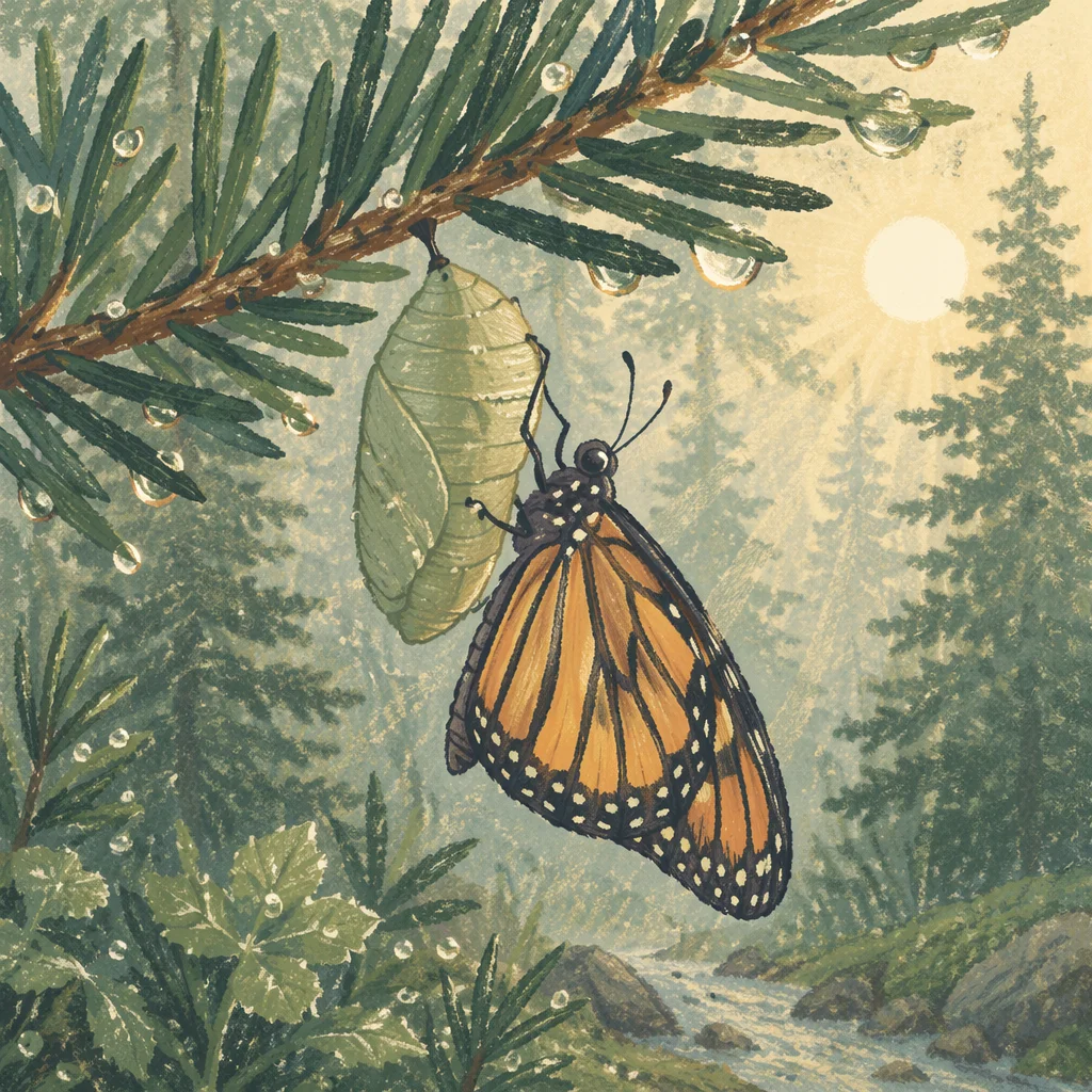 Butterfly Emerging on Evergreen Branch