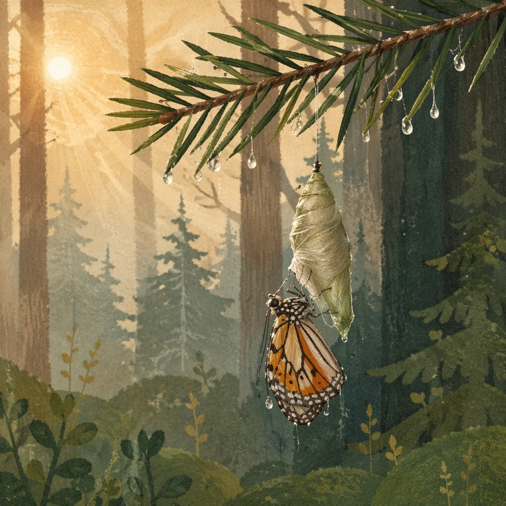 Butterfly Emerging Beneath Evergreen Pine