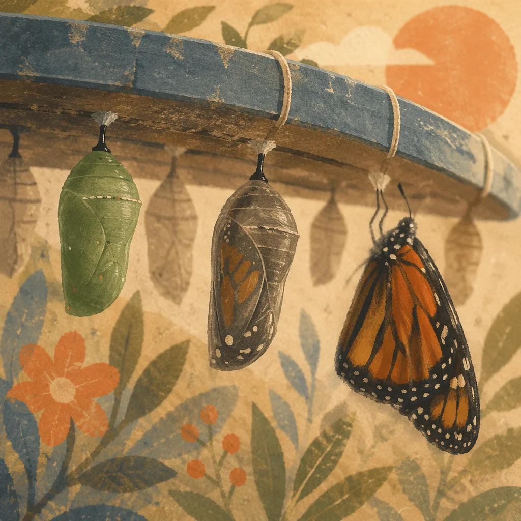 Butterfly Emerging Beside Green Chrysalises
