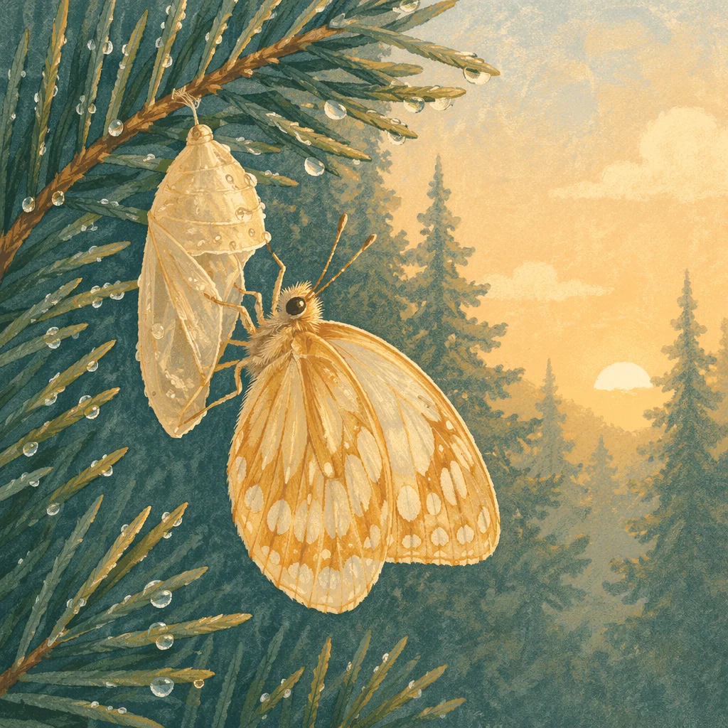 Golden Butterfly Emerging on Evergreen Branch