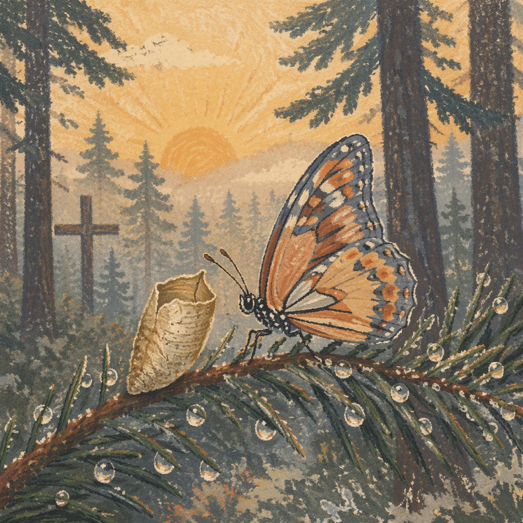 Butterfly Emerging Beside Evergreen Chrysalis