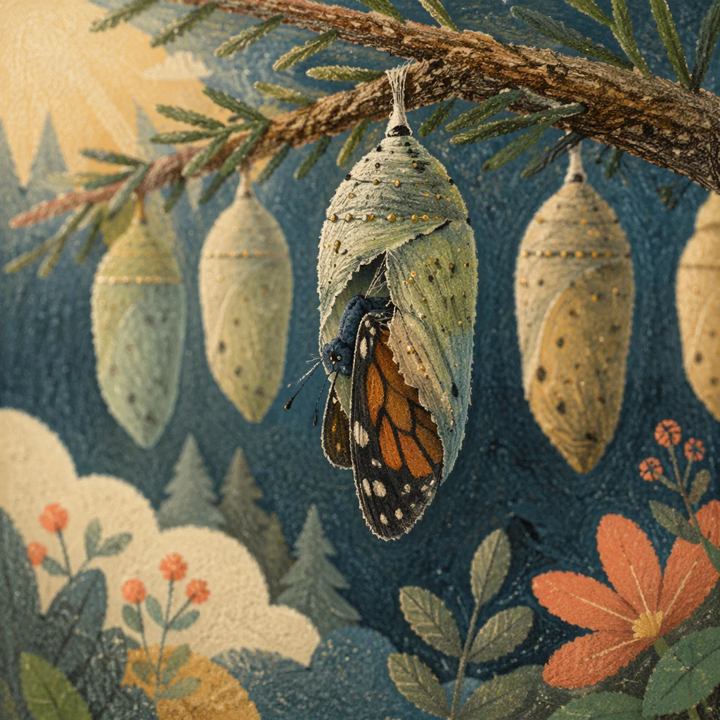 Butterfly Emerging From Evergreen Chrysalis