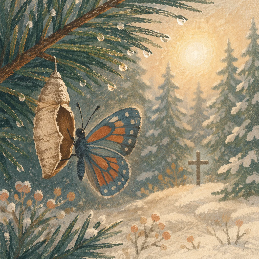 Butterfly Emerging Beside Evergreen Cocoon